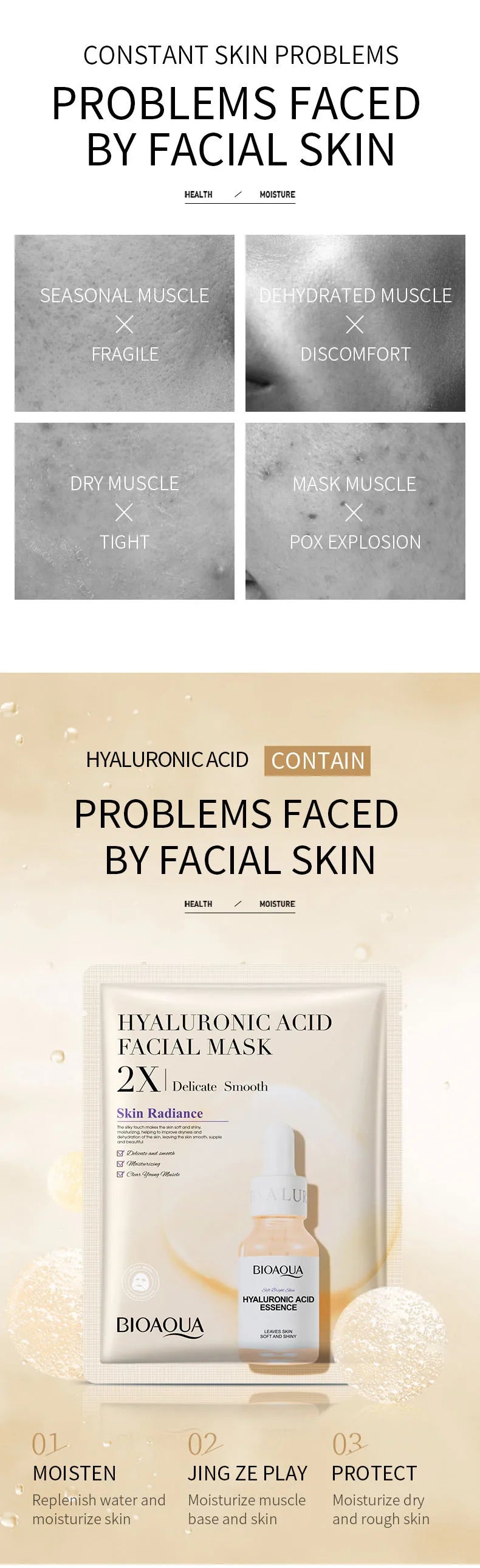 BIOAQUA Centella Collagen ansiktsmasker 20 st – återfuktande och uppfriskande sheet masks med hyaluronsyra