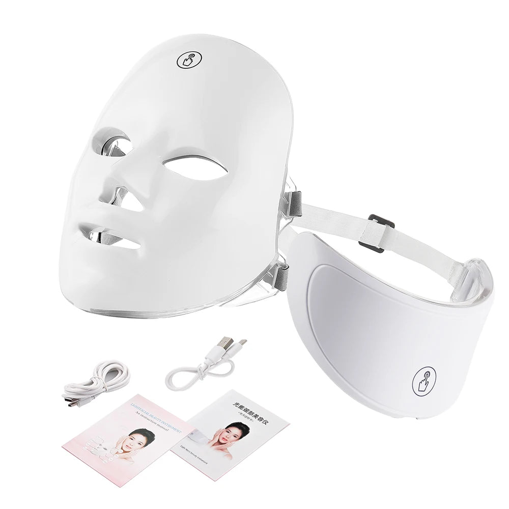 7-ljus LED-ansiktsmask och Halsmask- Hudföryngring och lyftande terapi