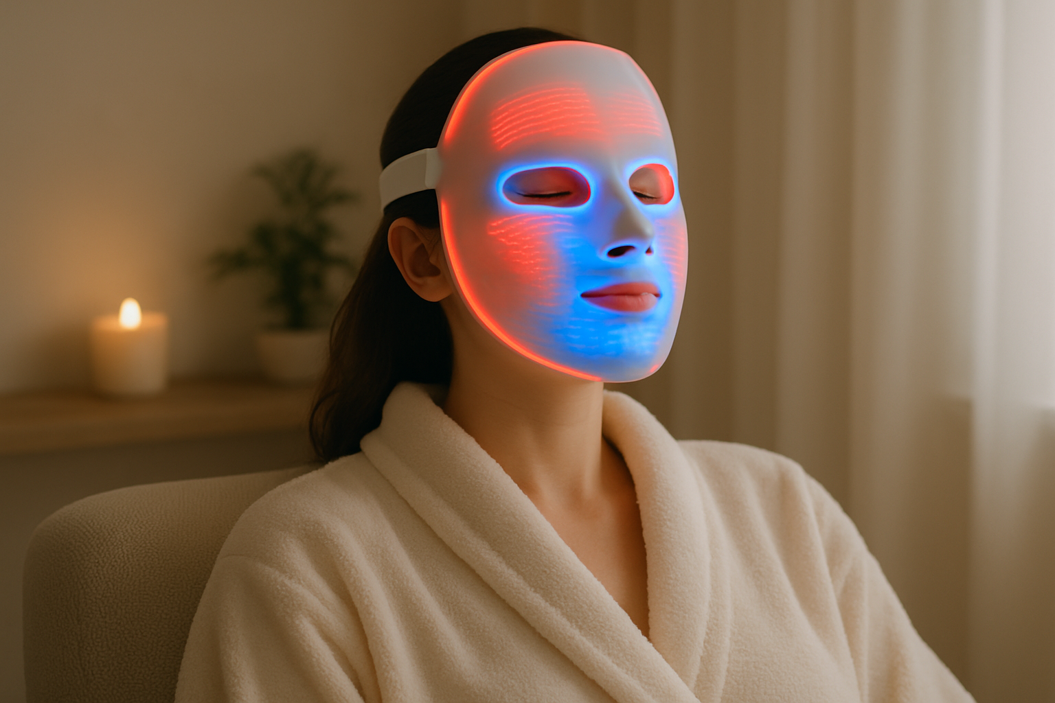 avslappnad person som sitter med vår LED-mask